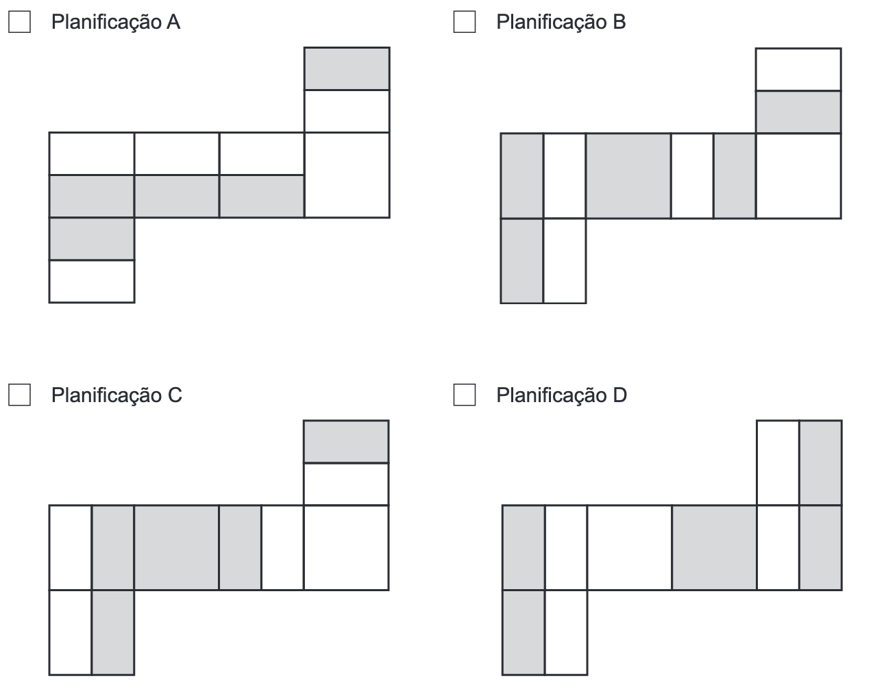 Quatro planificações A, B, C e D com partes das faces pintadas