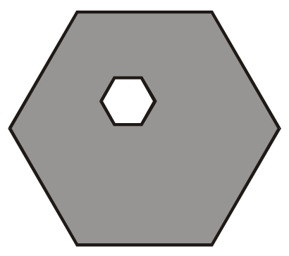 Hexágono regular grande, sombreado, com um hexágono regular pequeno branco no centro