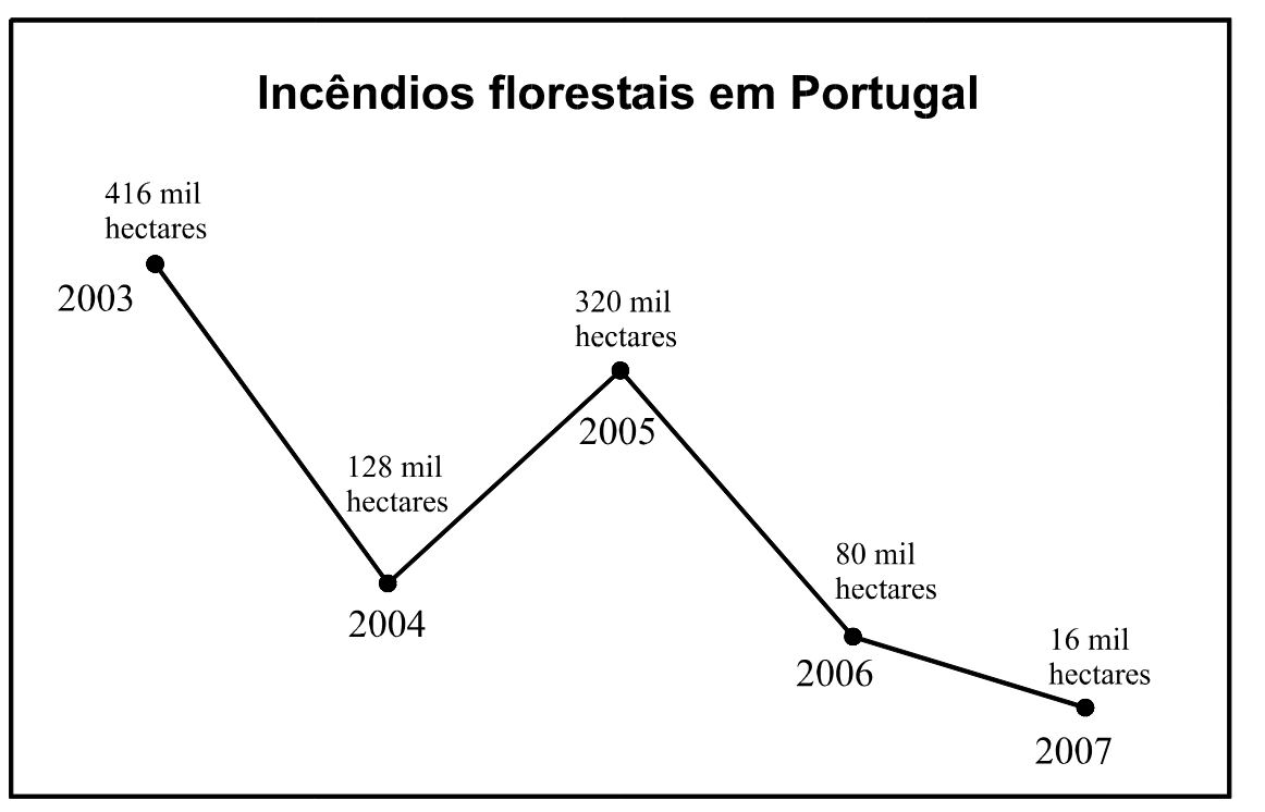 Floresta ardida: 2003 – 416 mil hectares; 2004 – 128 mil; 2005 – 320 mil; 2006 – 80 mil; 2007 – 16 mil