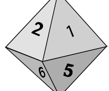 Dado em forma de octaedro, com faces numeradas