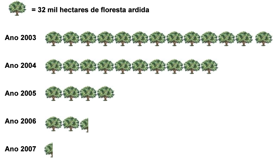 Pictograma em que cada árvore representa 32 mil hectares: 2003 – 13 árvores; 2004 – 10 árvores; 2005 – 5 árvores; 2006 – 2 árvores e meia; 2007 – meia árvore
