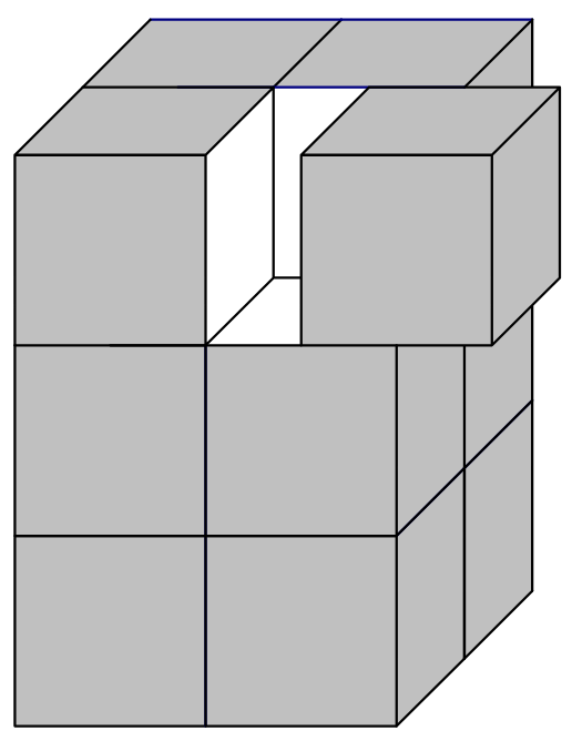 Prisma quadrangular cortado em 12 cubos iguais, com dois cubos de cima retirados para se ver o interior