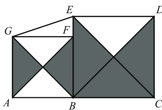 Quadrado ABFG e quadrado BCDE, lado a lado, ambos com as diagonais traçadas: no quadrado pequeno estão sombreados os triângulos da esquerda e da direita; no grande, os triângulos da esquerda, da direita e de baixo