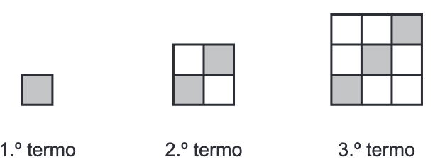 Quadrados 1×1, 2×2 e 3×3 com 1, 2 e 3 quadrados cinzentos