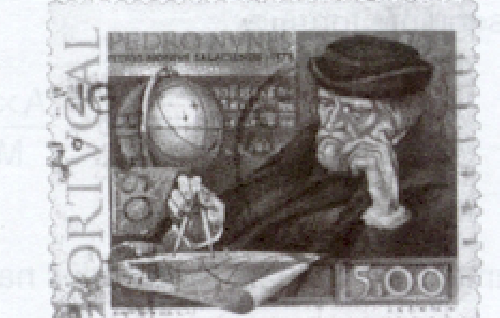 Selo com o retrato de Pedro Nunes, de forma retangular