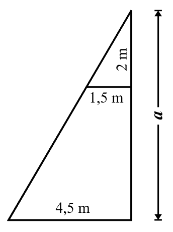 Triângulo retângulo grande com base 4,5 m e altura a; no topo, um triângulo pequeno semelhante com altura 2 m e base 1,5 m