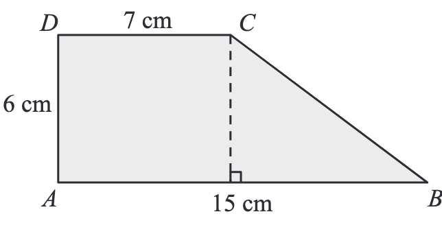 Trapézio retângulo ABCD com AB = 15 cm, DC = 7 cm e AD = 6 cm