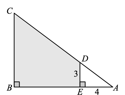Triângulo ABC retângulo em B e, junto ao vértice A, o triângulo AED retângulo em E, com AE = 4 e DE = 3; o quadrilátero BCDE está sombreado